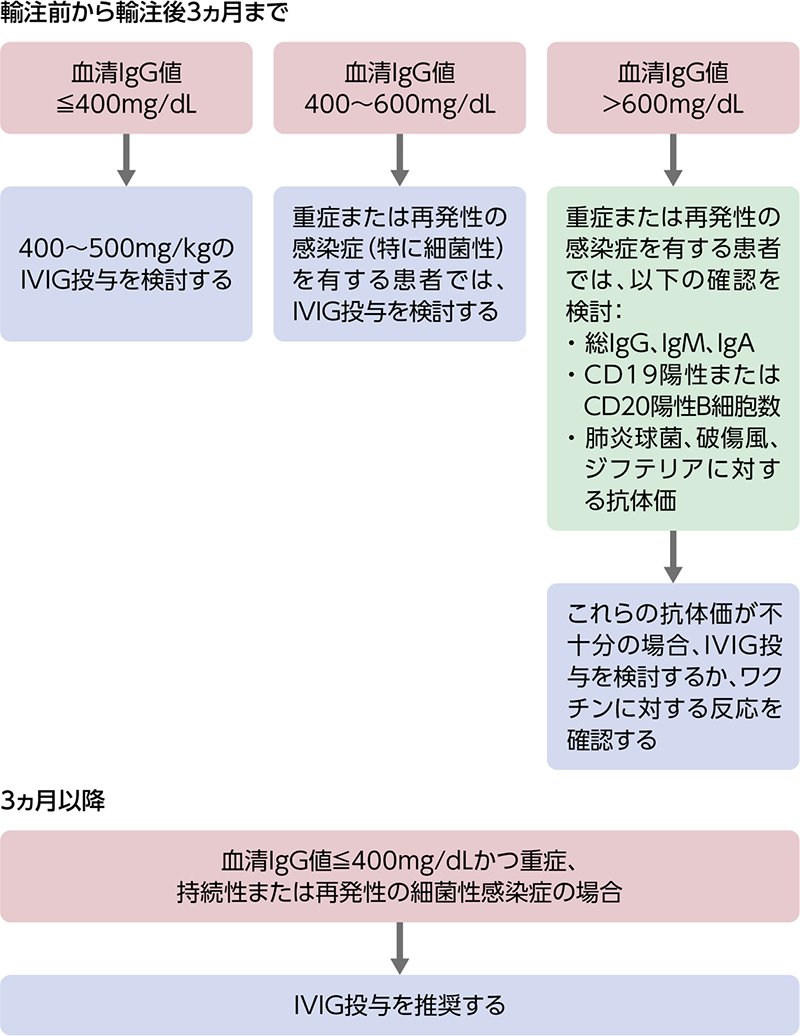 海外におけるCD19標的CAR-T細胞療法前後のIVIG投与開始の必要性を判断するためのアルゴリズム