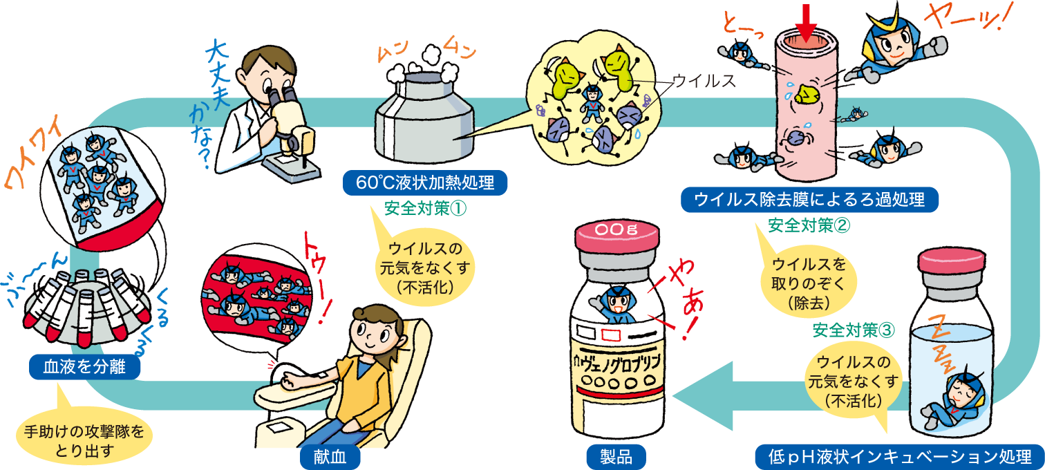 献血ヴェノグロブリンIHがどのようにつくられるかを示すフロー図